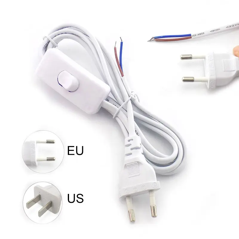 Dây cấp nguồn AC, chiều dài 1,8m, công tắc bật tắt, Cáp mở rộng hai chân, dòng bộ Chuyển Đổi loại cáp, cho đèn LED, phích cắm EU và Mỹ, FEH1VN