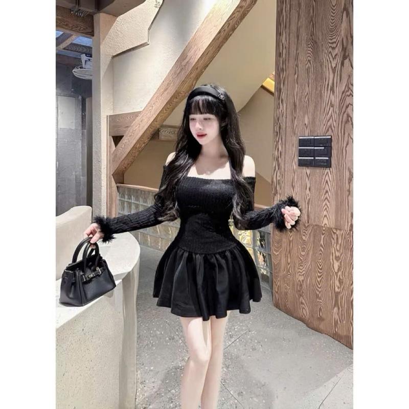 Váy nữ trễ vai tiểu thư trễ vai  tay lông sang chảnh  hàng 2 lớp kèm quần bảo hộ