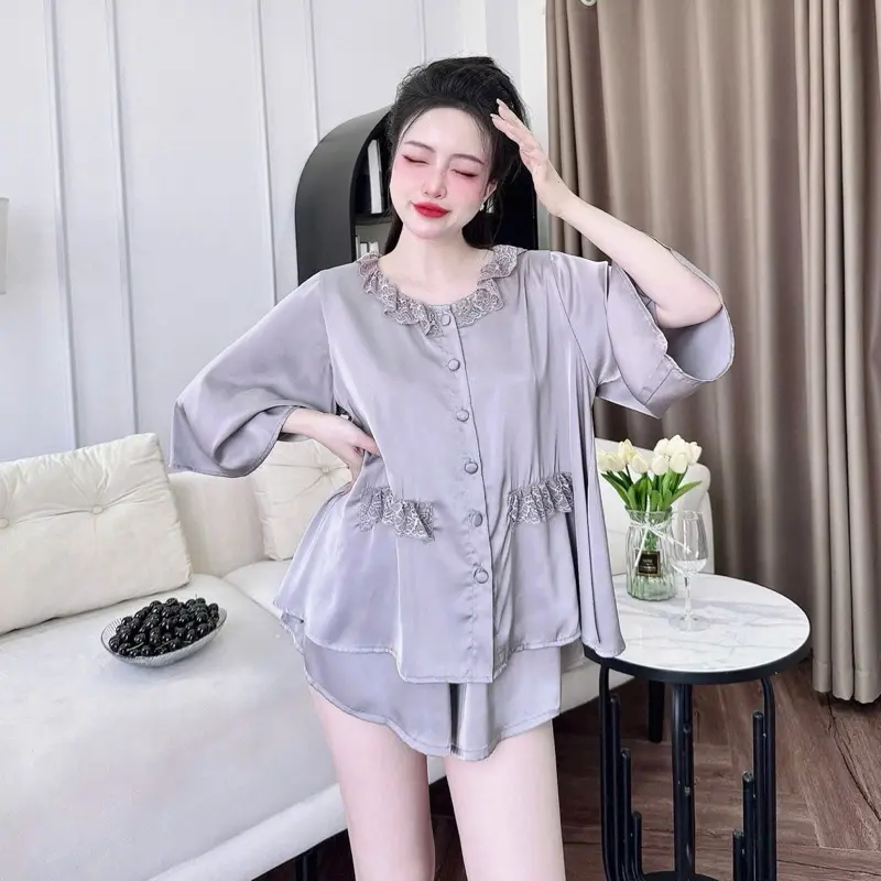 Set Đồ Ngủ Lụa Latin Tay Loe Viền Cổ Phối Ren , Quần Đùi Có Túi (45-75kg) Women 1