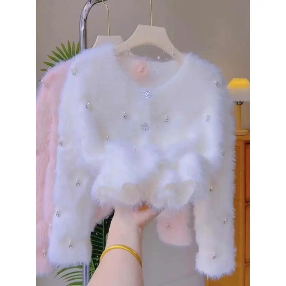 Áo Len Dệt Kim, Thiết Kế Khâu Hạt Trông Trẻ Trung Dễ Thương, Áo Cardigan Dệt Kim, Trang Phục Mùa Thu Và Mùa Đông Của Phụ Nữ, Mặc Ấm Và Rộng Rãi, Mỏng Vừa Vặn, Áo Chống Lão Hóa