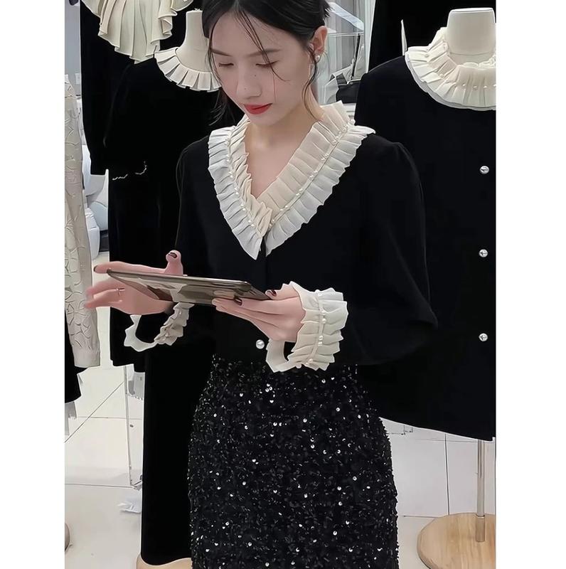 [ Bigsize 55-100kg] Áo nhung cổ bèo voan đính ngọc sang chảnh cầu kì 2