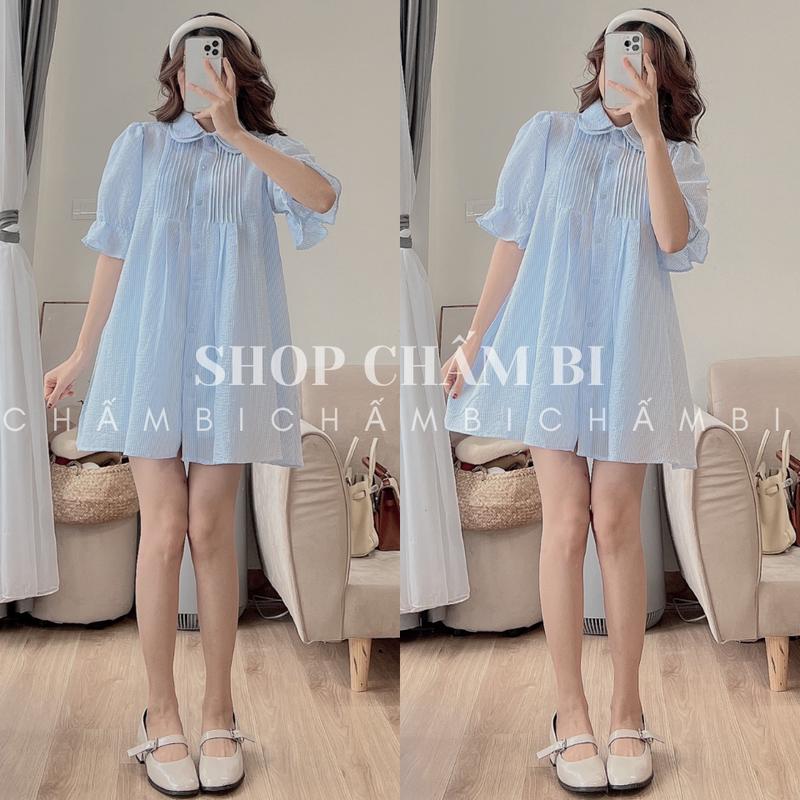  Áo váy babydoll nữ tay ngắn A.432 Áo váy form rộng cổ sen 2 tầng họa tiết kẻ xanh bánh bèo cực xinh - Shop Chấm Bi 
