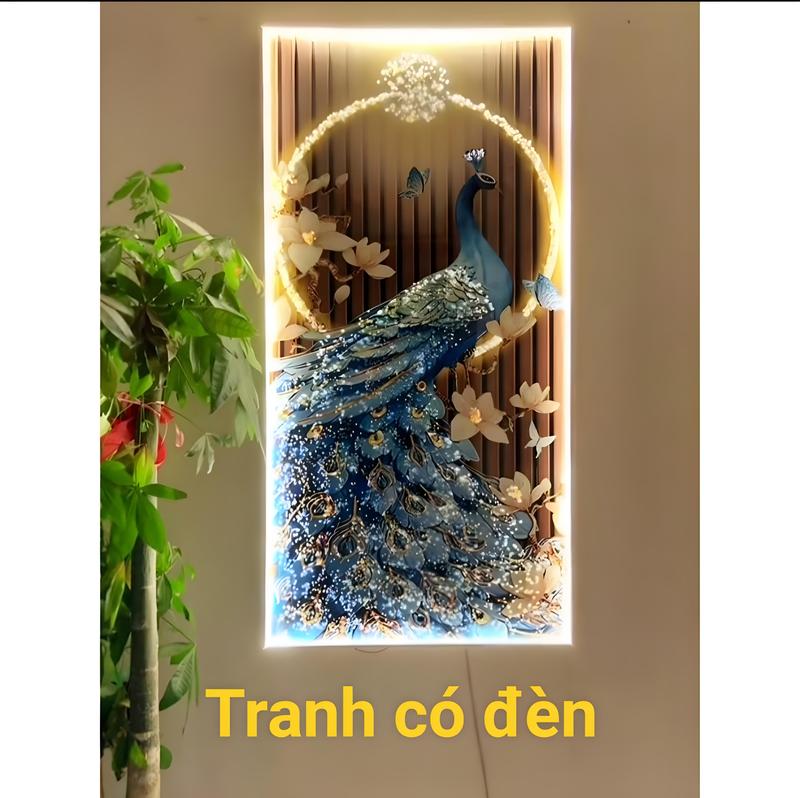 Tranh Con Công Đính Đá Pha Lê Kết Hợp Đèn LED   Cao Cấp ,Treo Tường,Decor Phòng Khách, Phòng ngủ, Hành Lang,Quà Tặng ,vòng sáng hiệu ứng
