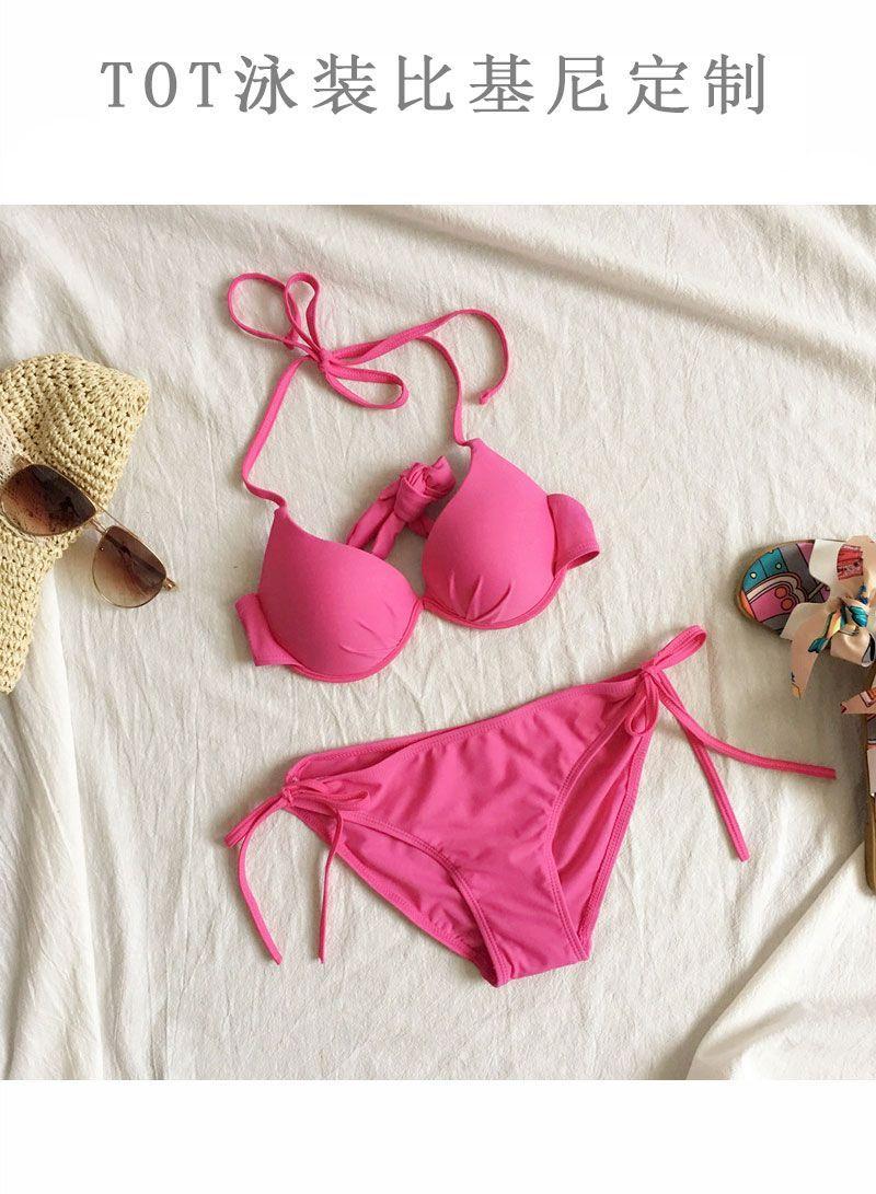 Product Introduction of Bikini Swimsuit Women's Steel Support Gathered Beach Vacation Pink Size Chest Sexy Three-Point Swimsuit Split Hot Girl 5
