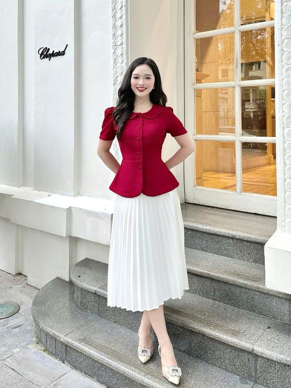 Áo nữ peplum thiết kế Nhật Vy cổ bèo sen tay ngắn phồng có 4 màu phù hợp văn phòng công sở dạo phố thanh lịch sang trọng - D3011 Xanh Nhung Top