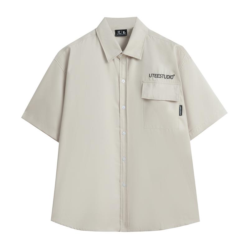Áo Sơ Mi Tay Ngắn Túi Hộp Thêu U.TEE STUDIO Màu Be Unisex Form Rộng Chất Liệu Cotton Silk Menswear Nam Kem Shirt