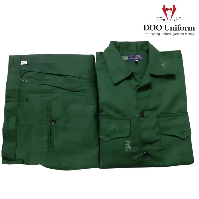 Quần áo tập quân sự, giáo dục quốc phòng, dụng cụ học tập, bảo hộ lao động vải kaki màu xanh lá loại đẹp 3