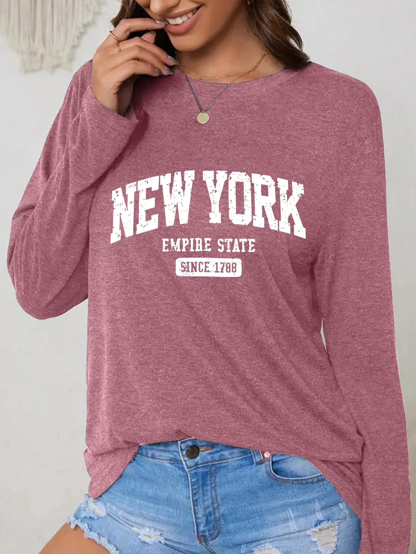 Women's Letter Print Drop Shoulder T-shirt, Casual Long Sleeve Round Neck T-shirt for Daily Wear, T Shirts for Women, Ladies Clothes for All Seasons