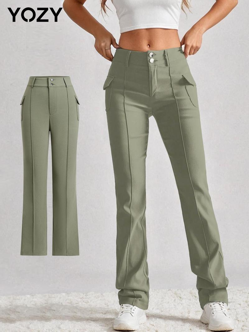 Product Introduction of YOZY Women's Plain Flap Pocket Button Fly Pants, Casual Comfy Trousers for Daily Wear, Ladies Bottoms for All Seasons 1