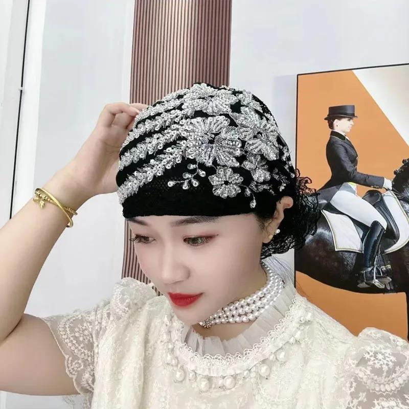 Glitter Diamonds Embroidery Lace Turban Hats for Women Muslim Headscarf Head Wraps Caps Female Daily Beanie Hair Cover Cap 5