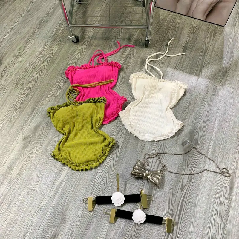 [Size S M] A020 Áo xốp croptop nữ viền bèo lai dây cột cổ 5