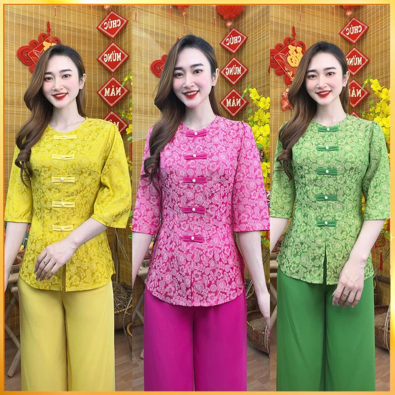  Bộ Bà Ba Cách Tân Vải Lụa Gấm Tơ Hai Da Cao Cấp Họa Tiết Ánh Hoa Nhũ Ngọc Áo Tay Lỡ Cổ Tròn Phối Nút Tàu Kiểu Đính Nút  Kèm Quần Lụa  N.A STORE -AL085 Top Nữ Women Nho  Nhung Kem 