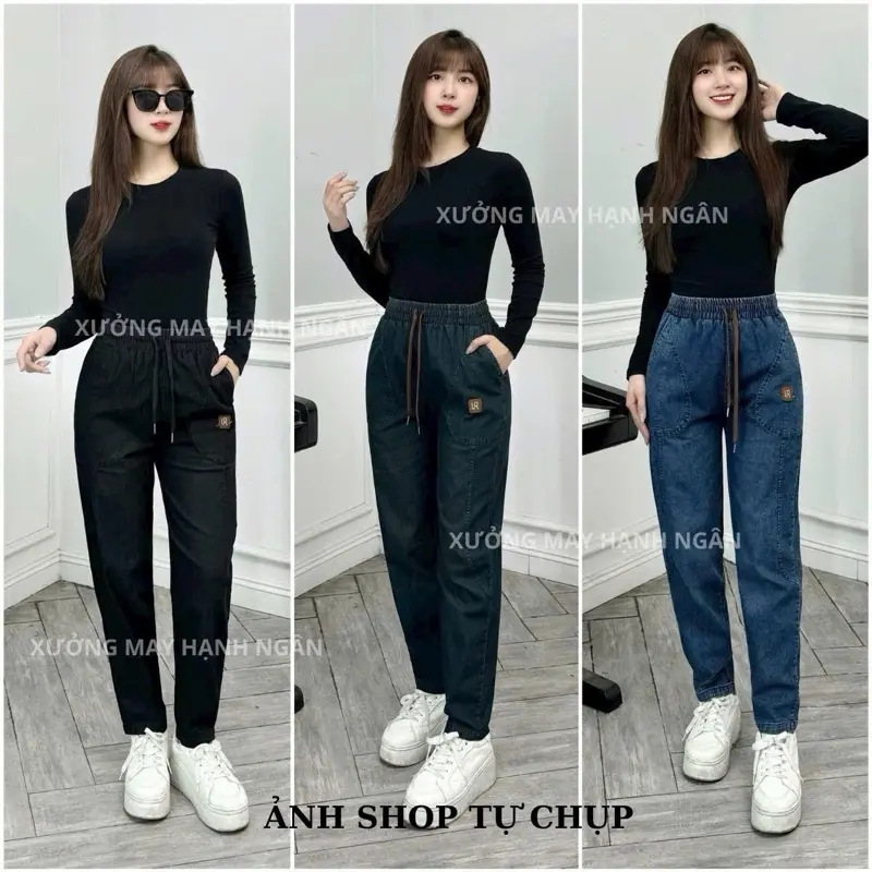 ￼Quần Jean Nữ Dáng Baggy Cạp Chun Lưng Cao Có Dây Rút Năng Động Thoải Mái - BIGSIZE
