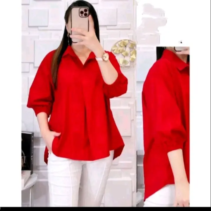 KEMEJA BLOUSE WANITA MERAH PUTIH KEMEJA LENGAN BAlON