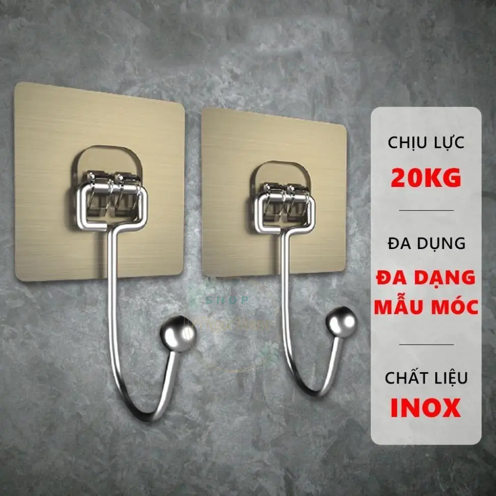 Móc Dán Tường Treo Đồ Thế Hệ Mới - Dán Vàng Cường Lực Siêu Dính + Móc INOX Siêu Bền - 6X6Cm