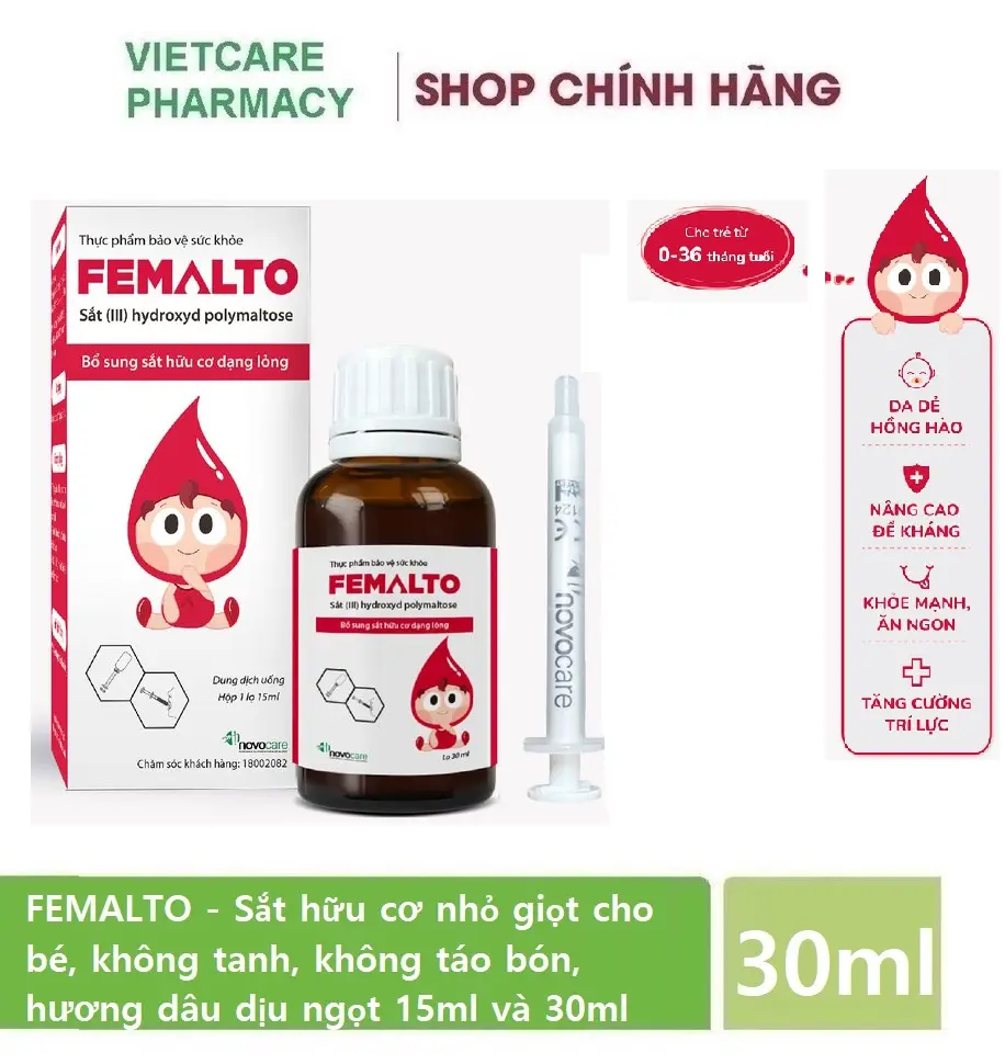 FEMALTO – SẮT HỮU CƠ dạng siro KHÔNG TANH, KHÔNG TÁO BÓN, hộp lọ có xi lanh chia liều