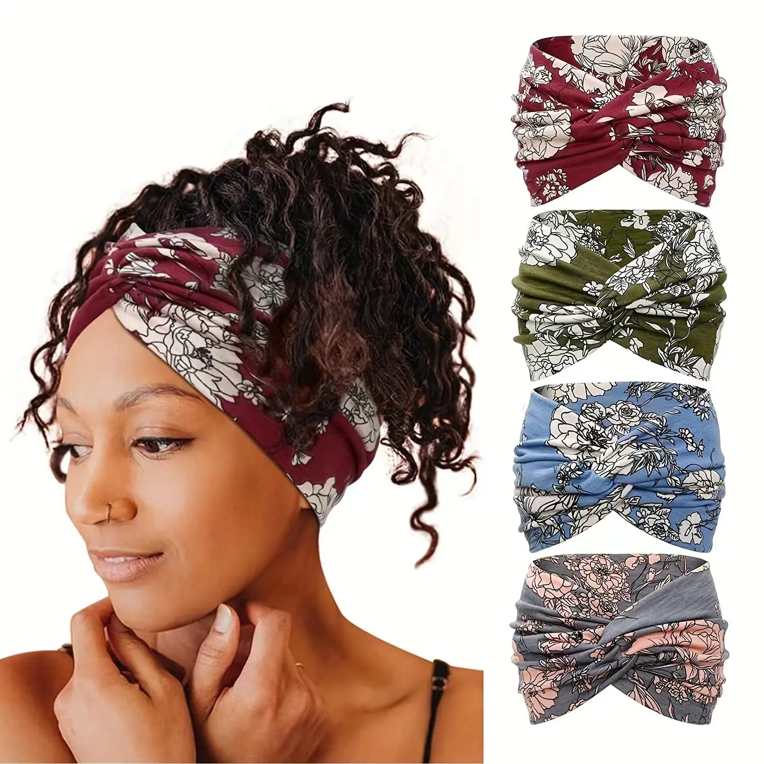 Boho Women Floral Print Outdoor Headband Sports Criss Cross Knot Elastic Wide Running Adjustable Headbands Yoga Sweat Absorption Head Band Bandeau Sport Hair Band Hair Accessories