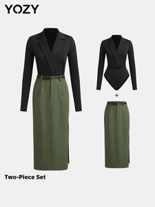 YOZY Two-Piece Set Women's Solid Color Bodysuits & Split Hem Button Belted Skirt, Lapel Neck Long Sleeve Bodysuits & High Waist Skirt, Women's Clothing for Work Office Business