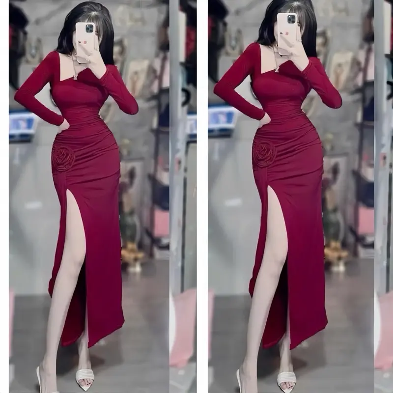 V159 - Đầm Body Tay Dài Lệch Vai Nhúng Eo Hoa  Chất Thun Mịn 3