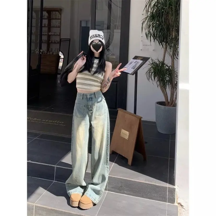 Voi Quần Jeans Suông Li Chéo Lưng Cao Màu Xanh Mài Ống Rộng Túi Ngược Phong Cách Hàn Quốc Trẻ Trung Năng Động | BigBuy360 - bigbuy360.vn