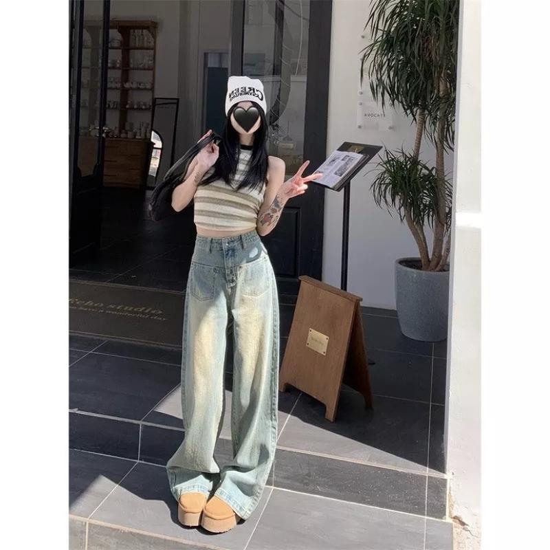 Voi Quần Jeans Suông Li Chéo Lưng Cao Màu Xanh Mài Ống Rộng Túi Ngược Phong Cách Hàn Quốc Trẻ Trung Năng Động | BigBuy360 - bigbuy360.vn