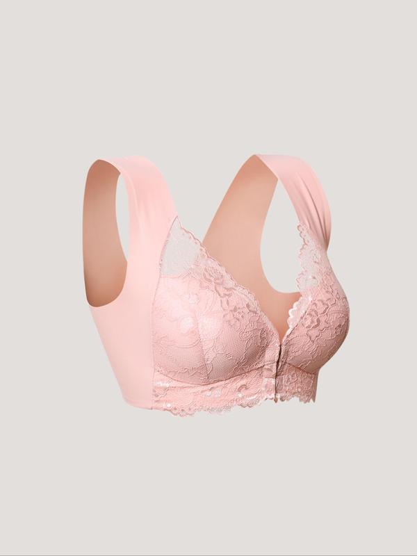 Women's Solid Color Front-Closure Seamless Floral Lace Bra, Soft Comfortable Breathable Wireless Push Up Bra, Women's Lingerie for All Seasons 8