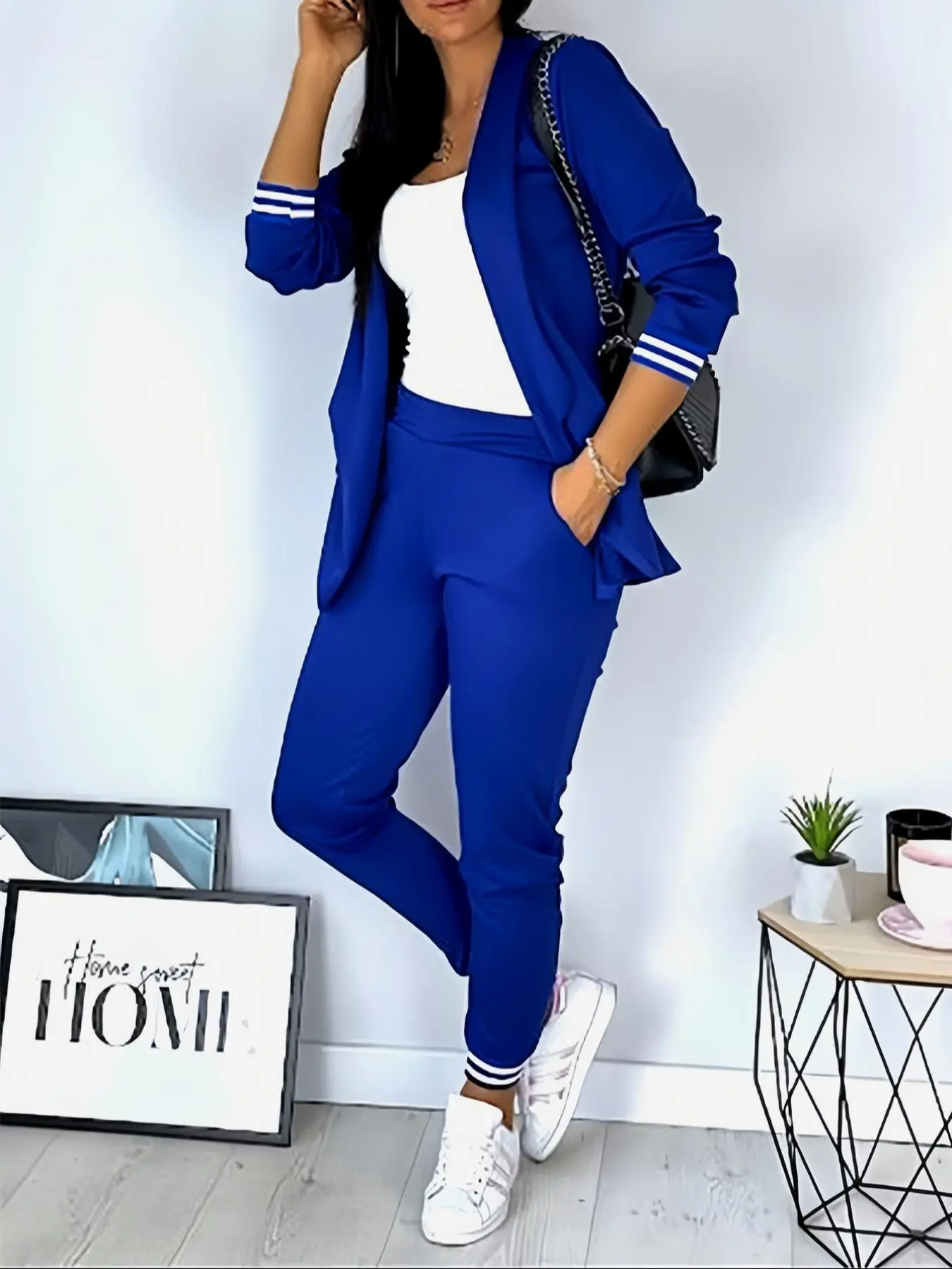 Women's Solid Long Sleeve Blazer & Pocket Pants Two-piece Set, Casual Open Front Outerwear & Trousers for Work Office Business, Ladies Fall & Winter Clothes