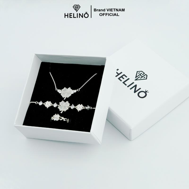Bộ sản phẩm bạc 925 HELINO Cỏ bốn lá đính đá mắt mèo, dây chuyền, lắc tay, nhẫn, trang sức cao cấp, quà tặng sinh nhật, kỷ niệm