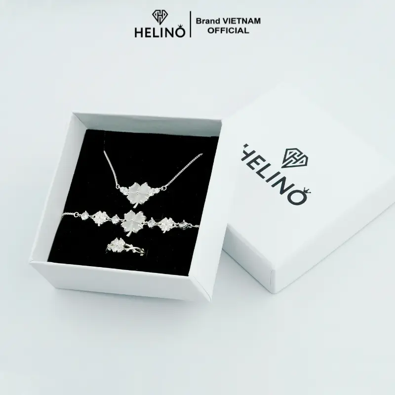 Bộ sản phẩm bạc 925 HELINO Cỏ bốn lá đính đá mắt mèo, dây chuyền, lắc tay, nhẫn, trang sức cao cấp, quà tặng sinh nhật, kỷ niệm 0