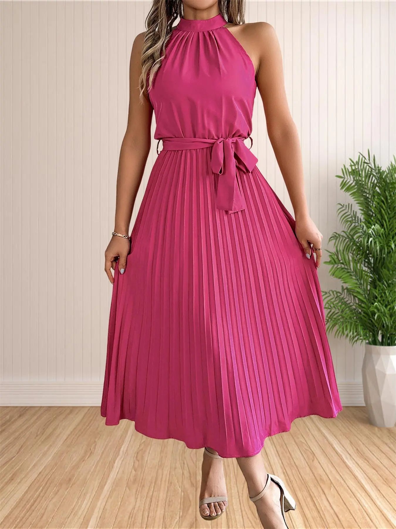 Women's Solid Belted Pleated Halter Dress, Elegant Sleeveless A Line Dress for Party Holiday Wedding Guest, Ladies Summer Clothes, Birthday Dresses 2024