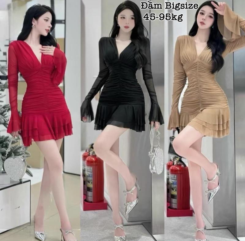   HCM  Đầm Váy Body Siêu Co Giãn Vải Thun Nhũ Hoa QC Cao Cấp Thiết Kế Tay Dài Xoè Dự Tiệc Thời Trang Bigsize Xinh Đẹp Sang Chảnh Feesize 50-95kg Ennhocobigsize Top Nữ Dress Đỏ Nhung Women - 2147 