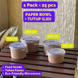 (25 PCS) (KRAFT) Paper Bowl dan Tutup Lid 360ml 500ml 650ml 800ml | Mangkok Kertas Kraft Cokelat + Tutup Lid