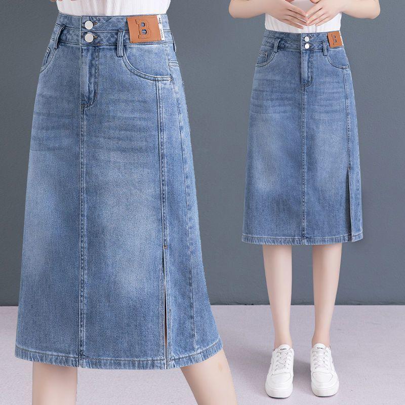 Chân Váy Denim, Dành Cho Nữ, Cạp Cao, Chân Váy Chữ A, Mỏng Và Mỏng, Dài Trung Bình Thiết Kế Xẻ Tà, Phong Cách Bodycon, Hàng Mới Về Mùa Hè 2024 4