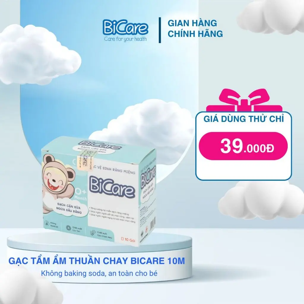 Gạc Rơ Lưỡi Thuần Chay BiCare - Gói Tẩm Ẩm Vệ Sinh Răng Miệng Cho Bé Từ Sơ Sinh, Hộp 10 gói