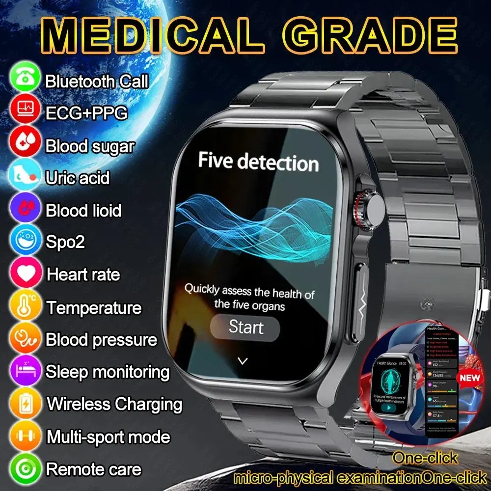 Jam Tangan Pintar Gred Perubatan, Baharu pada 2025, Pengukuran Gula Darah, Lemak Darah, Asid Urik, ECG + PPG, Suhu Badan, Panggilan Bluetooth, Fungsi Kesihatan