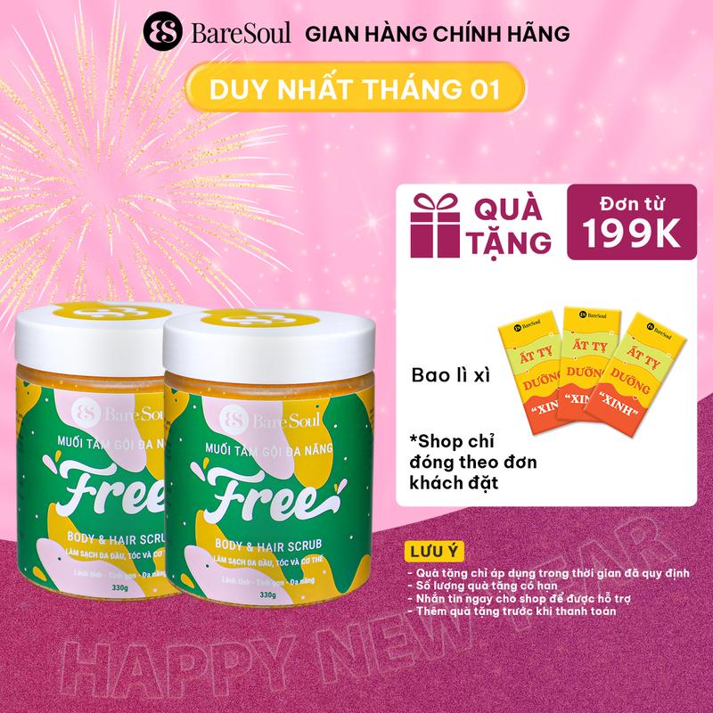[ ĐƠN 199K TẶNG BAO LÌ XÌ ] Combo 2 Muối tắm gội hỗ trợ tẩy tế bào chết cơ thể và hỗ trợ tẩy tế bào chết da đầu, tóc BareSoul FREE Body & Hair Scrub 330g x2