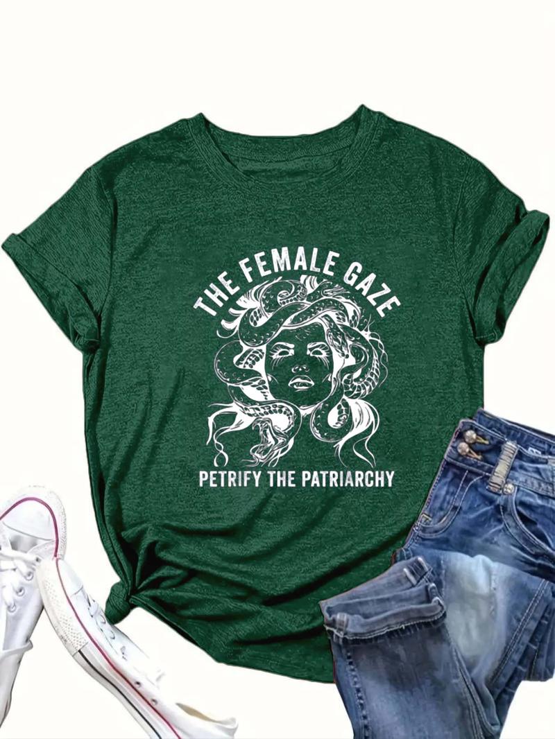 Product Introduction of 【Plus Size】 Cartoon & Letter Print Round Neck Tee, Fashion Casual Crew Neck Short Sleeve T-Shirt for Daily Outdoor Wear, Women Clothing for Summer 2