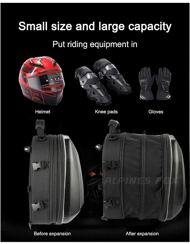 Product Introduction of ROCK BIKER 18-24L Carbon Fiber Motorcycle Tail Bag Waterproof Motorbike Rear Back Seat Bag Moto Helmet Travel Bag Rider Backpack 24