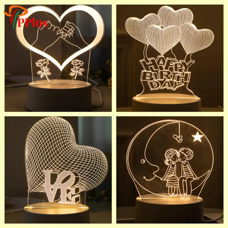 Pplus  Bentuk Hati Lampu Akrilik 3D Malam  Led/（ hangat）Warna Keren Lampu Kamar Aesthetic / Steker + sakelar lampu tidur aesthetic / hadiah lampu malam berubah warna / hadiah ulang tahun / hadiah pernikahan/promo elektronik termurah Kuning 0
