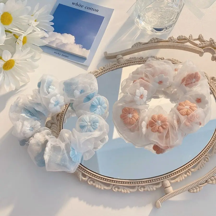 Scrunchie Emma Tile Bordir ikat rambut tile bunga flower biru orange korean korea wanita aksesoris rambut IKAT RAMBUT
