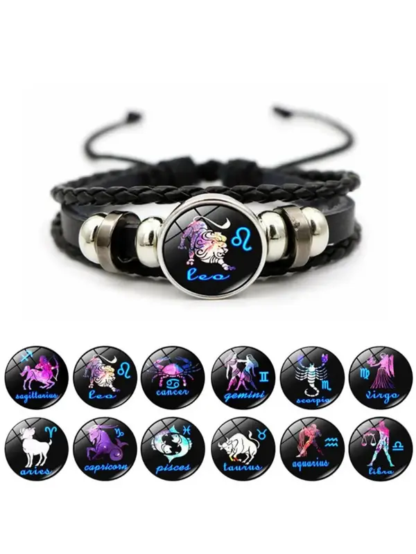 Unisex Vintage Braid Design Twelve Constellations Bracelet, Trendy Casual Beaded Constellation Sign Beaded Bracelet, Fashionable Jewelry As Birthday Gift 0