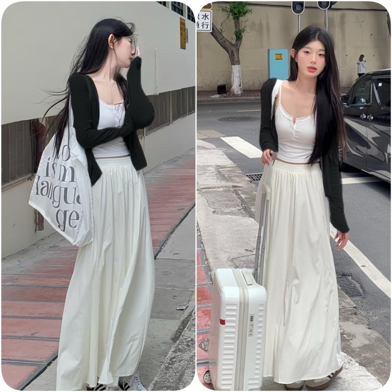 Sét Váy 3 Món Dáng Dài Gồm Áo Cardigan Màu Đen + Áo 2 Dây + Chân Váy Dáng Dài Màu Trắng