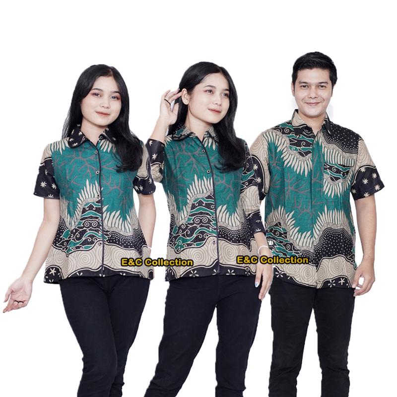Atasan Batik Olive - Batik Couple - Batik Wanita - Hem Batik - Baju Kerja - Seragam Kantor - S-M-L-XL-XXL-3L-4L-5L Pasangan Katun Keluarga Sarimbit Panjang 1