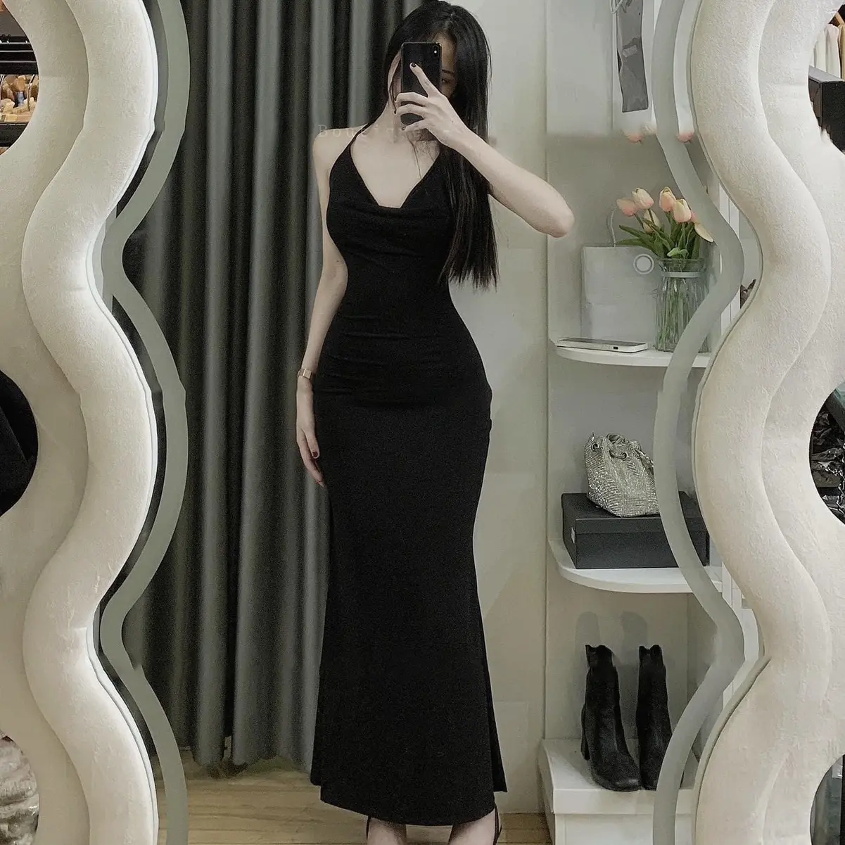 Đầm Body Yếm Cổ Đổ Dáng Dài Đuôi Cá Siêu Tôn Dáng 2 Màu Nữ Women Dress Đen