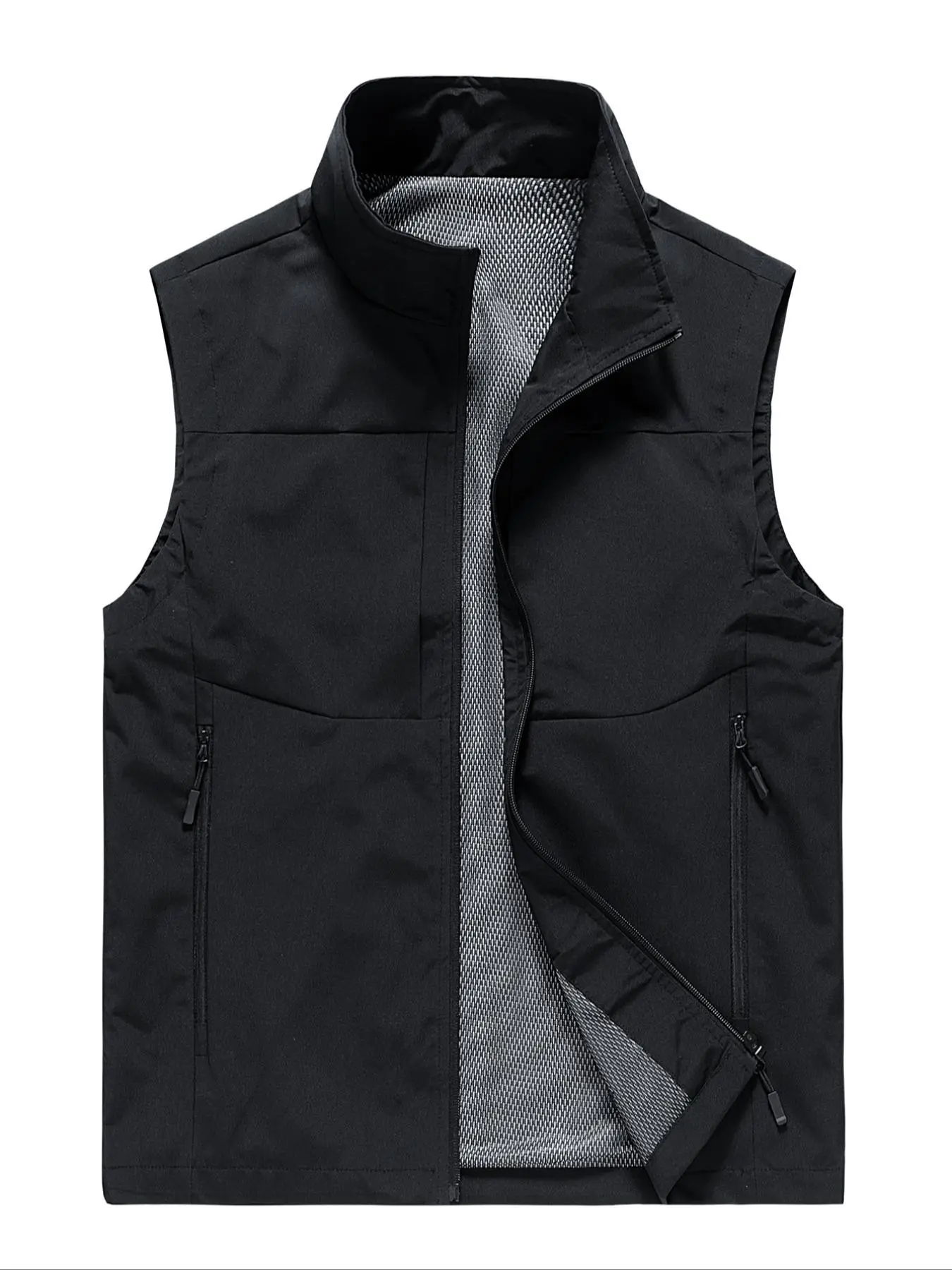 Men's Solid Zip Up Pocket Vest Jacket, Regular Fit Casual Stand Collar Sleeveless Outerwear for Spring & Fall, Men's Clothes for Daily Wear