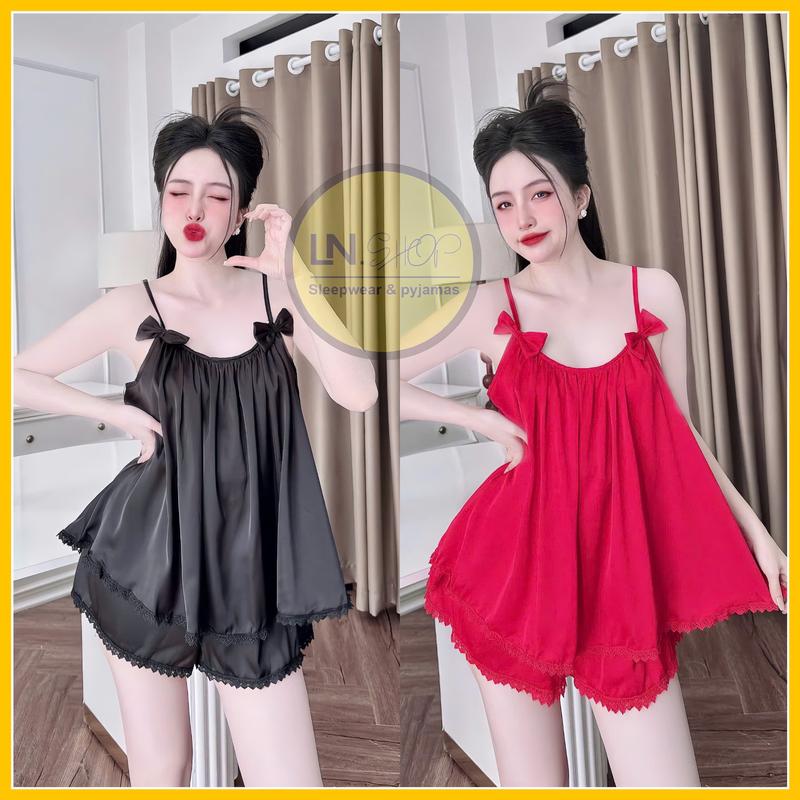 Đồ bộ ngủ áo hai dây đính nơ quần đùi dành cho nữ họa tiết trơn chất liệu lụa latin mềm mịn Quần Ngủ