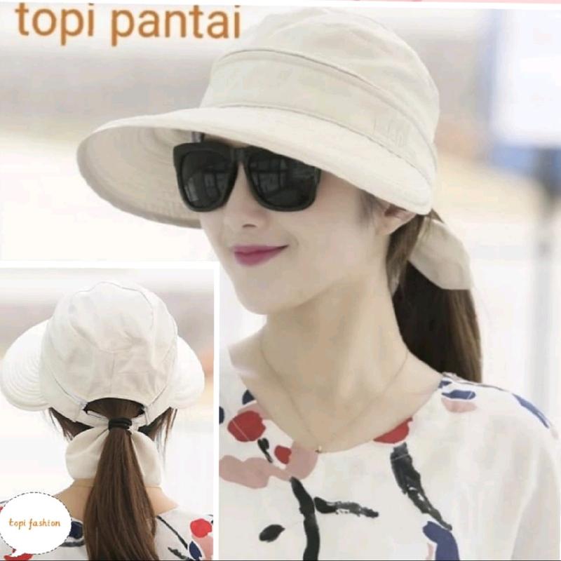topi pantai wanita lebar tutup kepala bisa di lepas varian 6 warna- import 0
