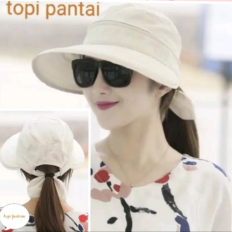 topi pantai wanita lebar tutup kepala bisa di lepas varian 6 warna- import 0