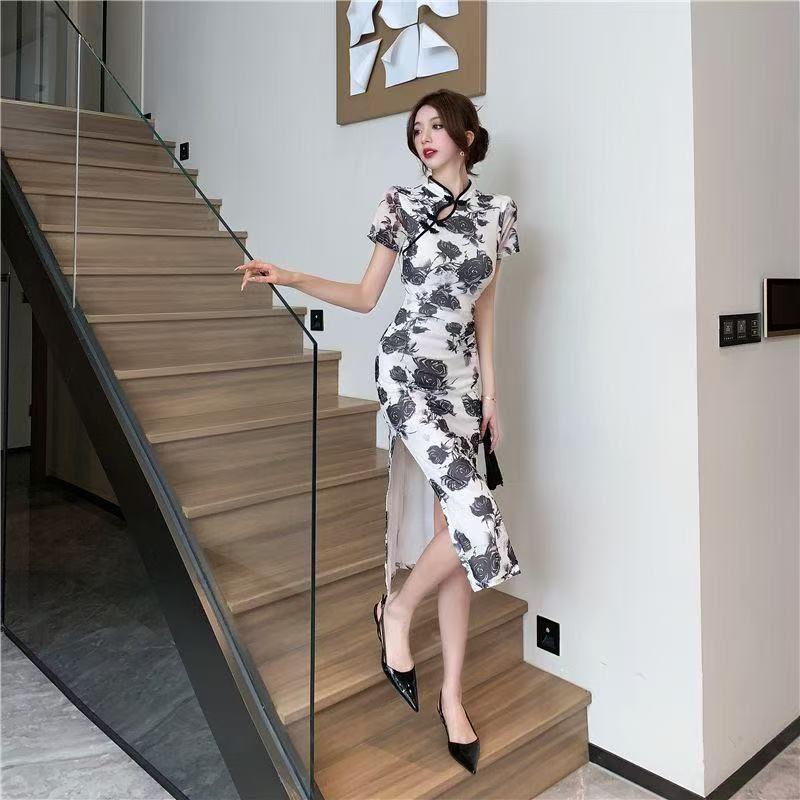 Product Introduction of Váy Cao Trên Đầu Gối, Phong Cách Trung Quốc Mùa Hè, Dáng Ôm, Xẻ Tà Thanh Lịch, Sườn Xám Sửa Đổi, Thường Ngày, Thanh Lịch Và Thời Trang 8