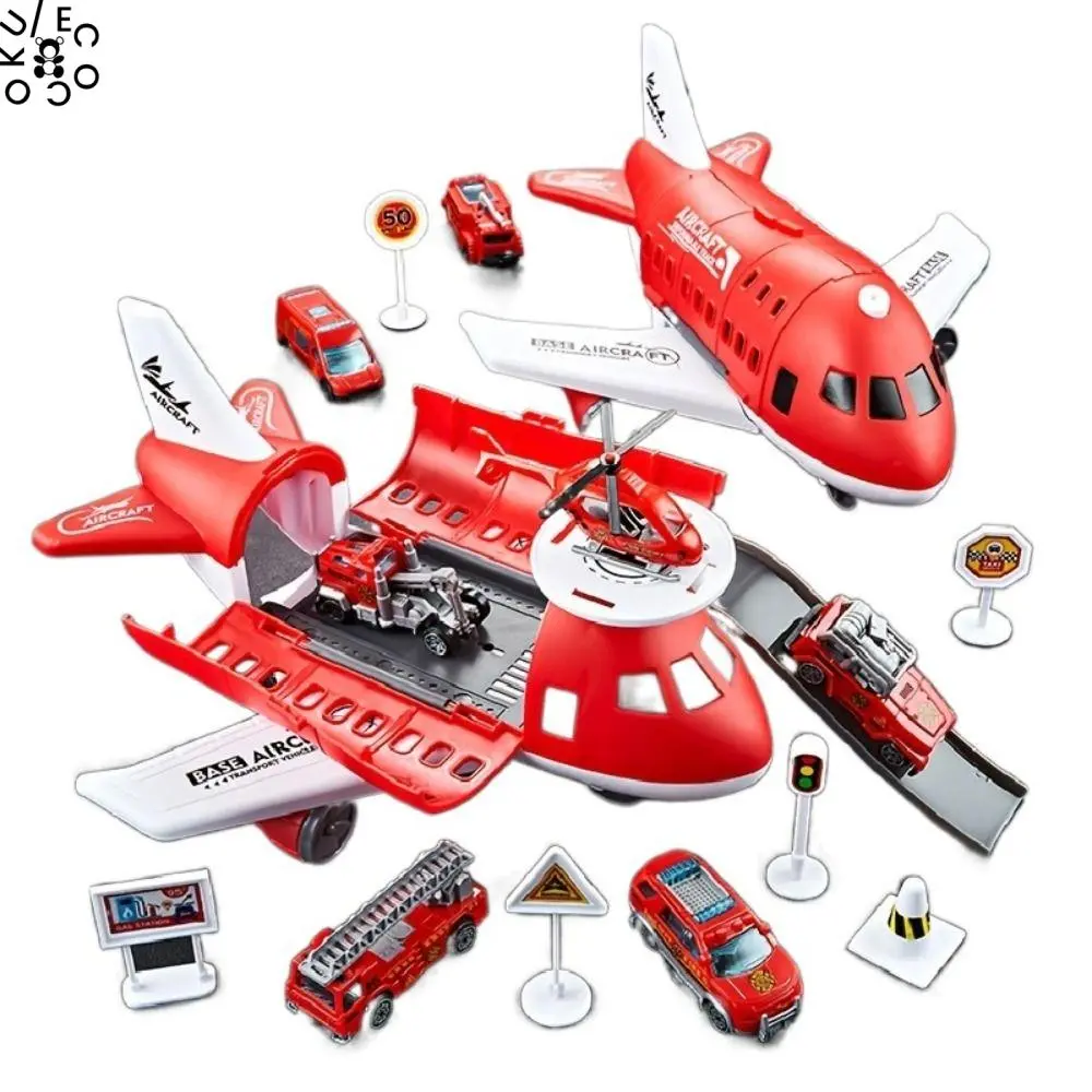ECOCOKU Creative Aircraft Model Airplane Car Toy with 6 Road Signs Storage Passenger Inertial Airplane Model Vehicle Toys Helicopter Deformation Airplane Toy Kids Toy